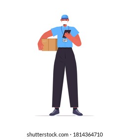 delivery man in uniform with cardboard box wearing mask to prevent coronavirus pandemic self isolation labor day concept full length isolated vector illustration