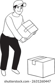 Delivery man in uniform carrying and placing a package. Black and white line art illustration perfect for e-commerce, logistics, and shipping concepts.