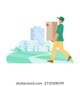 Repartidor en uniforme y sombrero caminando con una caja de cartón, brindando un servicio de mensajería rápido y confiable en un entorno urbano con edificios y áreas verdes