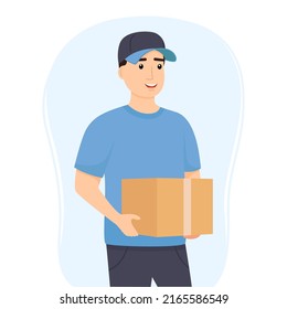 Delivery man in uniform holding box. Delivery service. Vector illustration