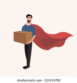 Delivery man in uniform holding boxes and documents. Vector illustration