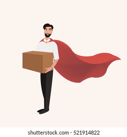 Delivery man in uniform holding boxes and documents. Vector illustration