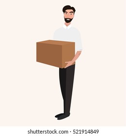Delivery man in uniform holding boxes and documents. Vector illustration
