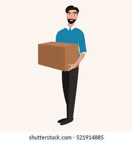 Delivery man in uniform holding boxes and documents. Vector illustration