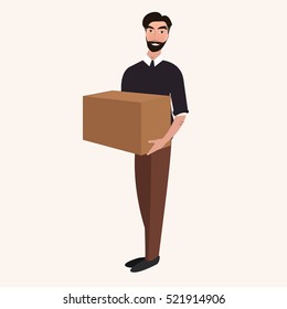 Delivery man in uniform holding boxes and documents. Vector illustration