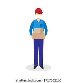 Delivery man in uniform and medical mask with boxes. Flat cartoon illustration of male courier during pandemic of coronavirus Covid-19. Safety home delivery concept. Vector, food donation.