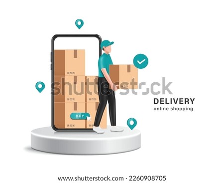 Delivery man in uniform standing front smartphone and on round podium and is holding parcel boxes waiting to be delivered to customers,vector 3d isolated,character  for online shopping and delivery