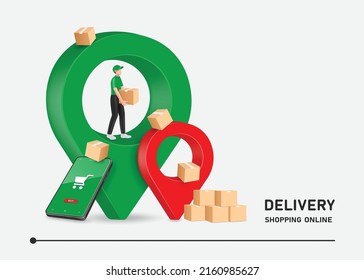 Delivery man in uniform is standing and lifting a parcel box on a pin location And there's smartphone with shopping cart icon on screen leaning against a green pin for delivery and online shopping