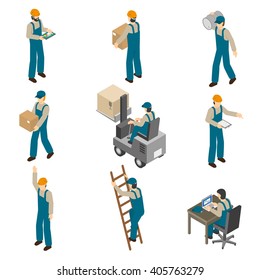 Delivery man in uniform at work carrying boxes and operating forklift isometric icons collection abstract isolated vector illustration