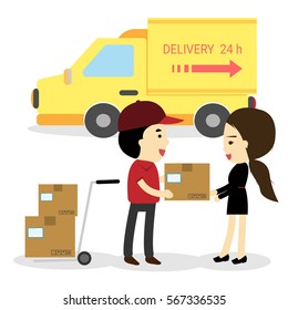 delivery man unload delivery car boxes