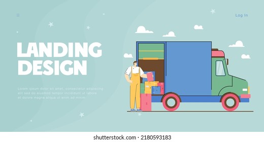 Delivery man unloading boxes from van flat vector illustration. Courier in uniform standing near truck full of packages, cardboard boxes of customer. Local delivery service, transport concept