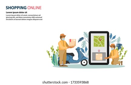 Delivery man use face mask receive order from customers who are shopping online and looking at the map for delivery
