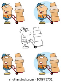 Delivery Man Using A Dolly To Move Boxes. Vector Collection