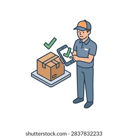 Delivery Man Using Smartphone to Confirm Parcel Shipment and Package Delivery