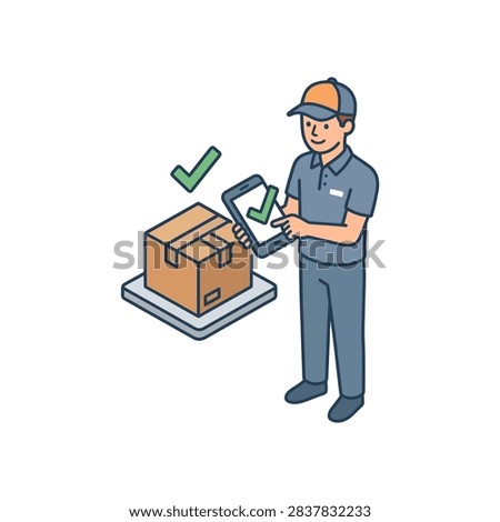 Delivery Man Using Smartphone to Confirm Parcel Shipment and Package Delivery