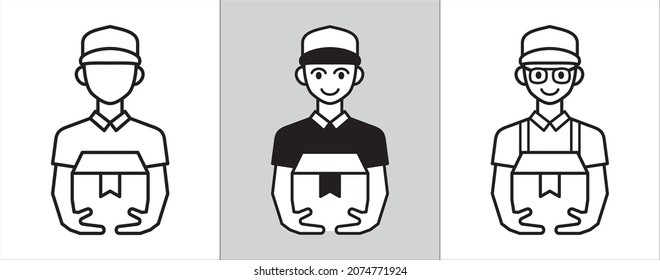 Delivery man vector illustration. Courier man bringing the parcel or carton box. Smile happy face wears hat and glasses. Shipping and expedition customer service symbol or mascot.