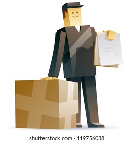 Delivery man. Vector illustration of a postman with a crate and documents