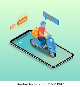 delivery man vector on the smartphone illustration in isolated gradient background