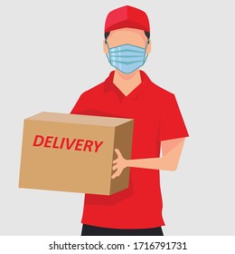 Delivery man vector portrait concept with man wearing red delivery uniform, while holding a delivery package box in the white background