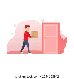 Delivery man vector portrait concept with man wearing red delivery uniform, while holding a delivery package box in the white background