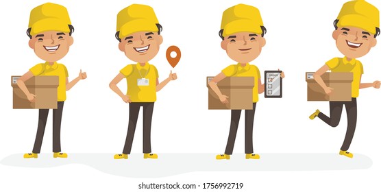 Lieferung von Mann, Vektorset. Mann, der eine Halteschachtel oder ein Produkt hält. Haltung des vollen Stehens und Haltens oder des Anstellens. Deliveryman einzeln. 