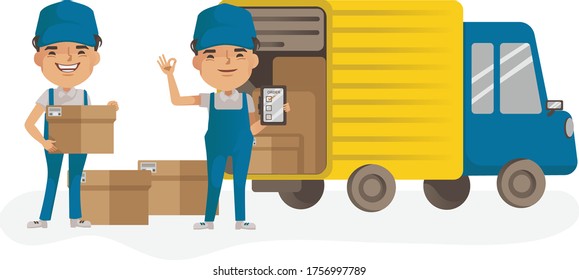 Delivery man vector set. Man holding box or product. Deliveryman in uniform truck . Delivery man driving.  isolated. 