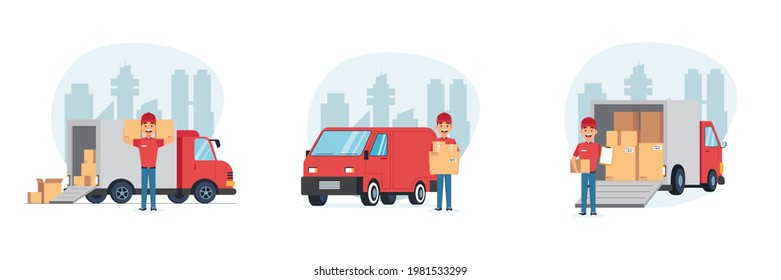 Delivery man with vehicles. Service boy, courier package. Male character with truck. Employee holding box. Postal guys vector set