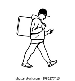 Delivery man walking. Courier  on foot with parcel box checking order with smartphone. Online delivery service. Hand drawn black and white vector illustration isolated on white.