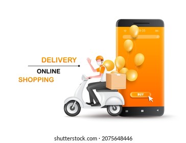 A delivery man is waving and sitting on a scooter with a package in the back and all in front of the smartphone for delivery and online shopping concept design,vector 3d isolated on white background