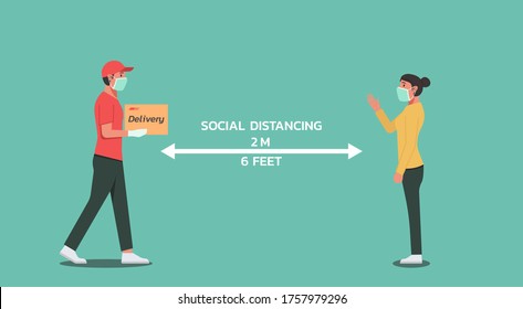 delivery man wear face mask holding box and delivering to young woman maintain social distancing, keep distance, character flat vector illustration