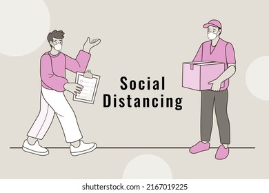 delivery man wear face mask holding box and delivering to young man maintain social distancing, keep distance. virus prevention. Digital marketing. Business concept. Covid-19. vector illustration.