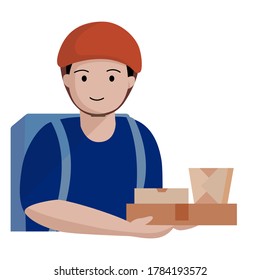 The delivery man wear helmet and holding food paper package in hands.