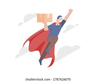 A delivery man wear a red capes and face mask and flying to delivery a box or package to customer vector illustration