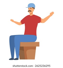 Delivery man wearing a cap sitting on a bench and gesturing with his hands like he is explaining something