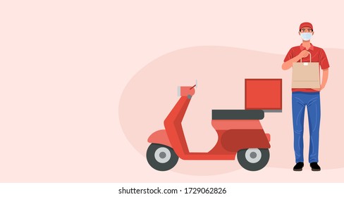 Delivery man wearing face mask holding bag with food, vector