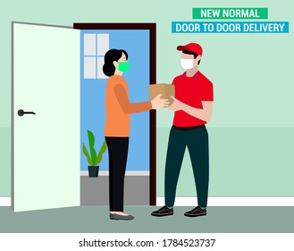 
Delivery man wearing face mask in red uniform holding a cardboard boxes in front house and woman accepting a delivery of boxes from deliveryman during COVID-19 outbreak. New normal of online delivery