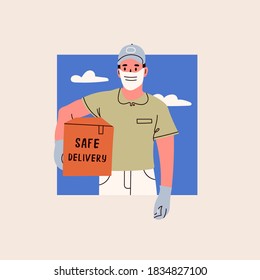 Delivery man wearing face Mask and holding a delivery box. Courier with a Parcel. Safe Delivery service concept. Cute character. Hand drawn isolated trendy Vector illustration