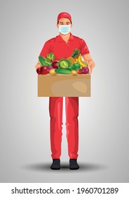 Delivery man wearing face mask, holding with fruits and vegetables. vector illustration design 