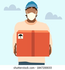 Delivery man wearing face masks and holding delivery boxes, food, etc. Hand drawn illustration in modern, trendy colors. Delivery servise concept, vector illustration.