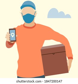 Delivery man wearing face masks and holding delivery boxes, food, etc. Hand drawn illustration in modern, trendy colors. Delivery servise concept, vector illustration.