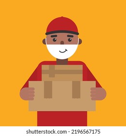 Delivery Man Wearing Funny Medical Mask And Holding Cardboard Boxes In Hands. Safe Shipping, Delivery During Pandemic. 