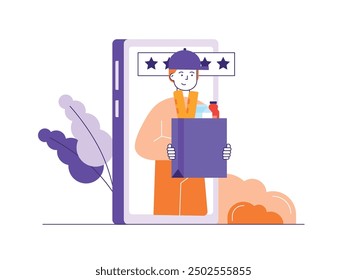 Repartidor con sombrero que entrega una compra de comestibles a un Cliente, ordenado a un App telefónico. Diseño de personajes. Ilustración plana de Vector