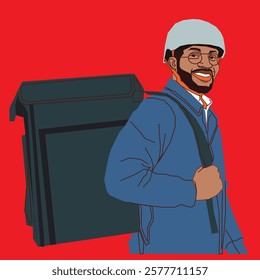 A delivery man wearing a large backpack, smiling warmly, dressed in casual yet professional delivery attire, exuding friendliness and approachability in an outdoor urban setting.