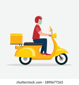 Delivery man wearing mask riding a red scooter. Online restaurant order food service. Stay home concept. Sterile delivery for COVID-19. vector illustration in flat style modern design.