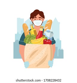 Delivery man wearing medical mask and gloves with a product package during the prevention of coronovirus. Courier delivers food. Safety home and quarantine concept. Vector flat illustration