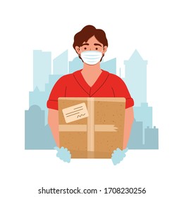 Parto con mascarilla médica y guantes con caja durante la prevención del coronovirus. Courier con el paquete. Concepto de seguridad en el hogar y cuarentena. Ilustración plana del vector