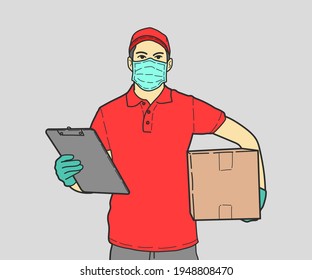 Delivery Man Wearing Medical Mask and Gloves Holding Clipboard and Box in Hands. hand drawn style vector design illustrations.