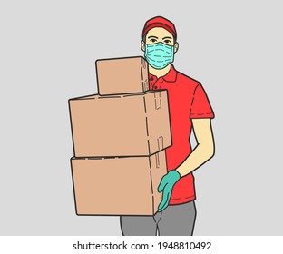 Delivery Man Wearing Medical Mask and Gloves Holding Carton Boxes. hand drawn style vector design illustrations.