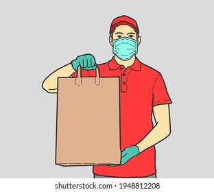 Hombre de parto con máscara médica y guantes con bolsa de papel en las manos. ilustraciones de diseño vectorial de estilo dibujado a mano.