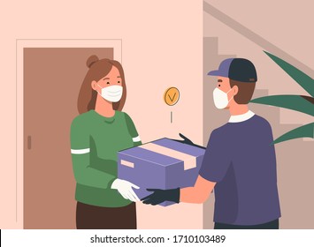 Delivery Man wearing Medical Protection Mask and Gloves Giving Parcel Box to Customer. Home Delivery at Quarantine and Coronavirus Epidemic. Safe Delivery Concept. Flat Cartoon Vector  Illustration.